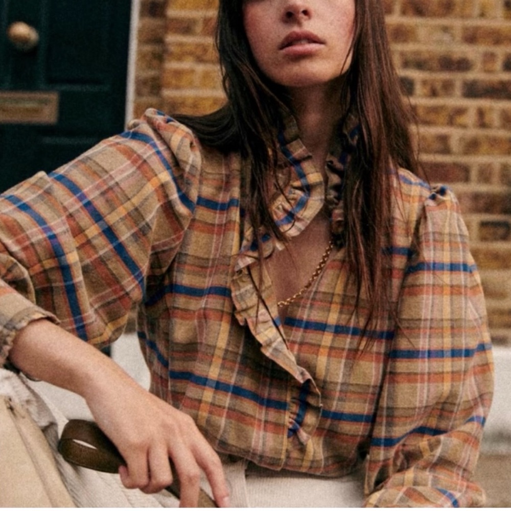 Sezane Beige Plaid Ruffle-Neck Tan Flannel Chlo Blouse size 34